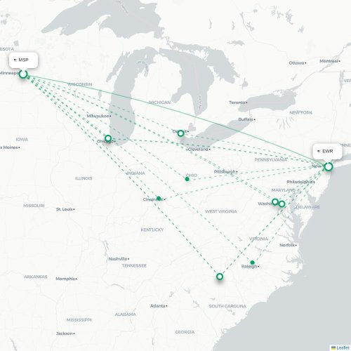 Mapa de vuelo directo Mineápolis - Newark