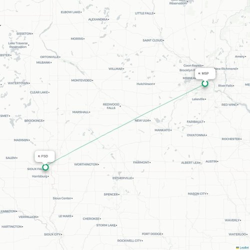 Mapa de vuelo directo Mineápolis - Sioux Falls