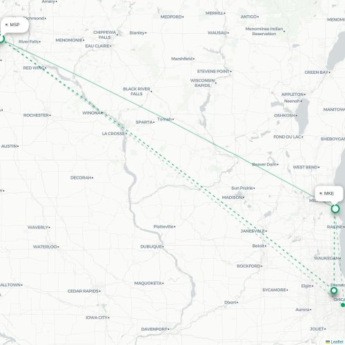 Minneapolis - Milwaukee kort over direkte fly