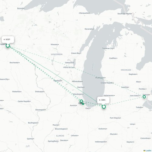 Mapa lotu bezpośredniego Minneapolis – South Bend