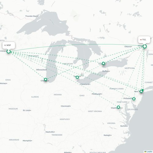 Mapa lotu bezpośredniego Minneapolis – Montreal