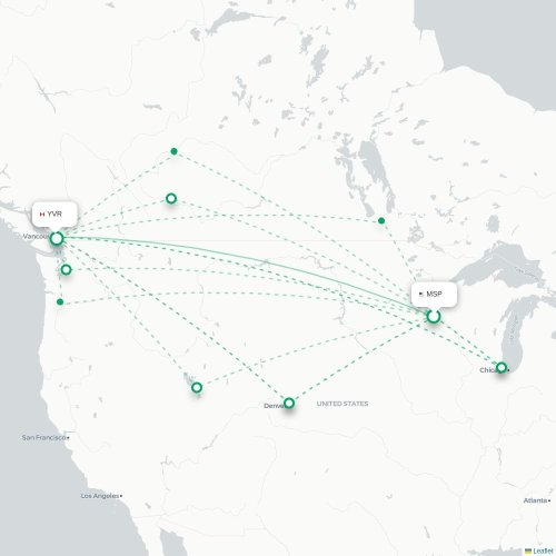 Mapa lotu bezpośredniego Minneapolis – Vancouver