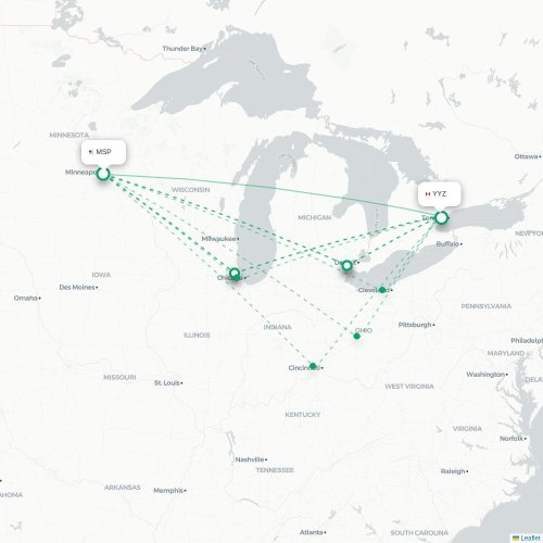 Mapa lotu bezpośredniego Minneapolis – Toronto