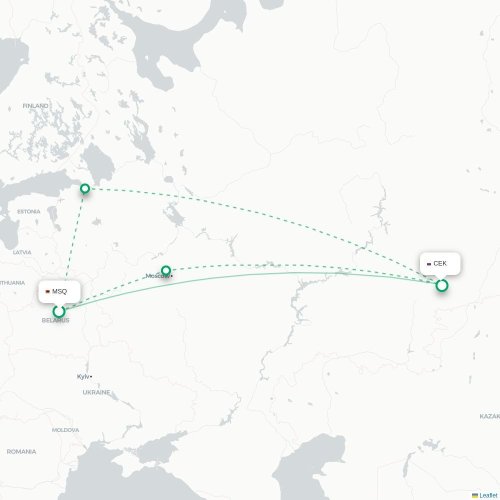 Mapa de vuelo directo Minsk - Cheliábinsk