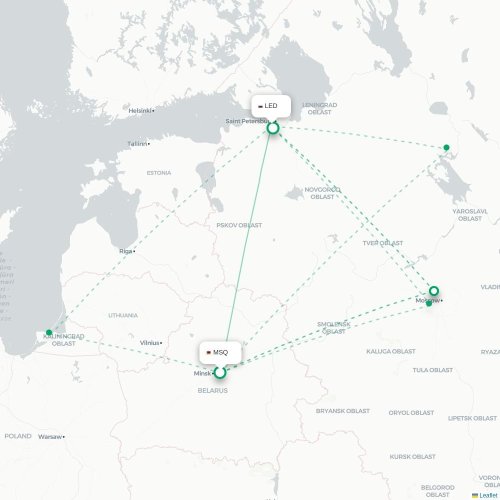 Mapa lotu bezpośredniego Mińsk – Sankt Petersburg