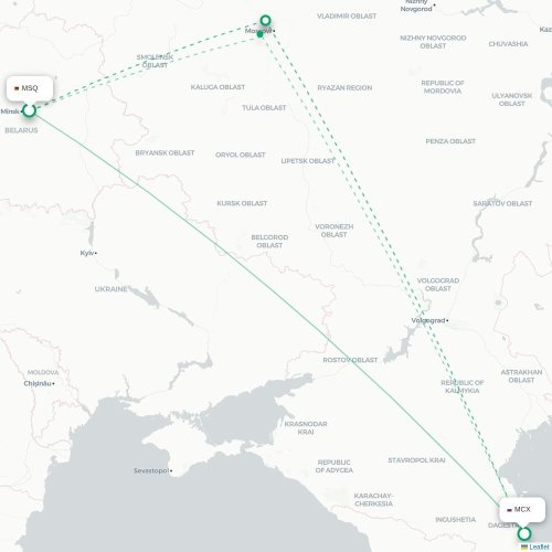 Mapa de vuelo directo Minsk - Makhachkala
