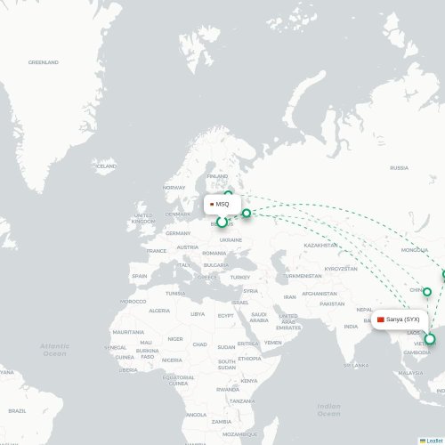 Mapa lotu bezpośredniego Mińsk – Sanya