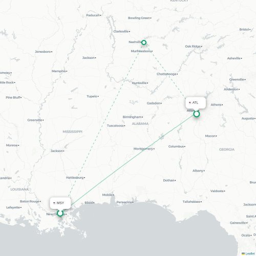 Mapa de vuelo directo Nueva Orleans - Atlanta