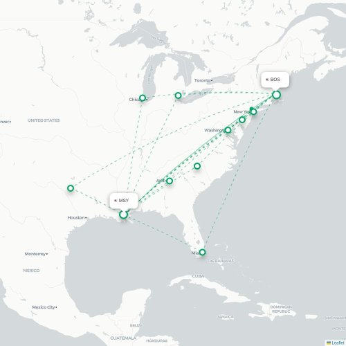 Mapa de vuelo directo Nueva Orleans - Boston