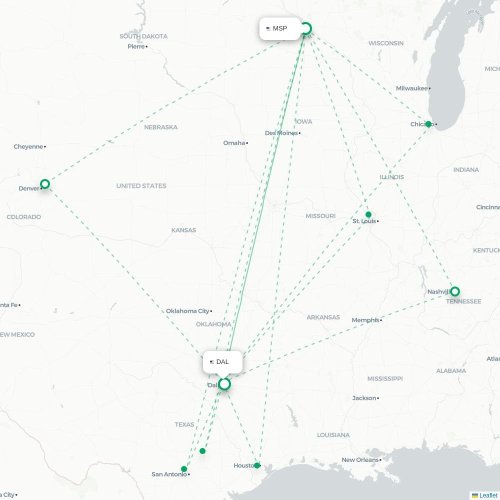 Mapa de vuelo directo Nueva Orleans - Dallas