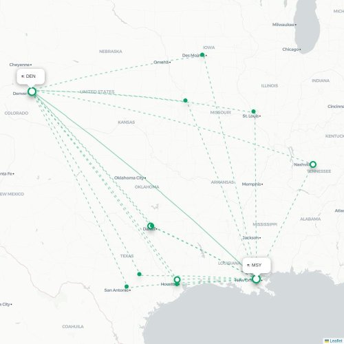 Mapa de vuelo directo Nueva Orleans - Denver