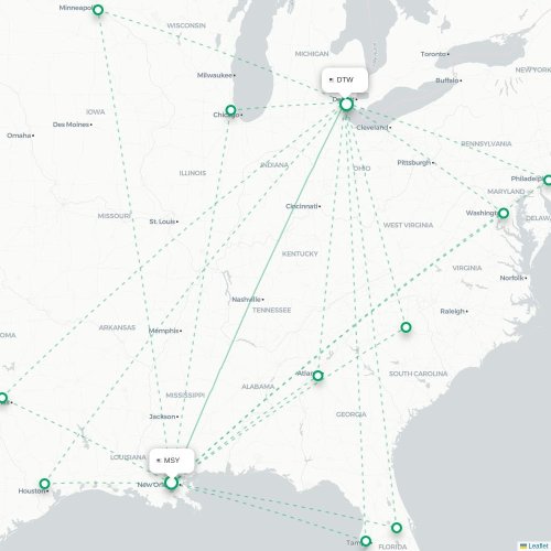 Mapa de vuelo directo Nueva Orleans - Detroit