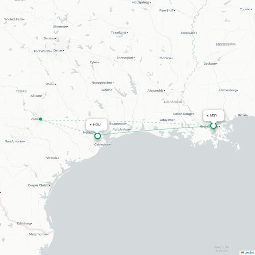 Mapa de vuelo directo Nueva Orleans - Houston