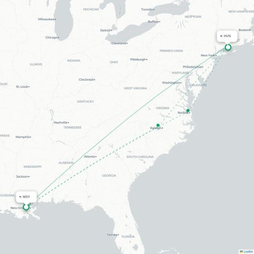 Mapa de vuelo directo Nueva Orleans - New Haven