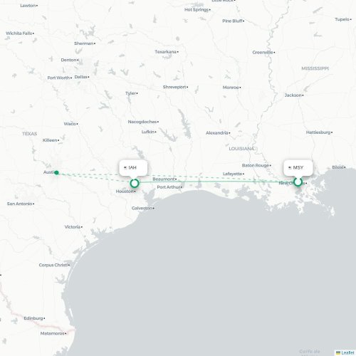 Mapa de vuelo directo Nueva Orleans - Houston