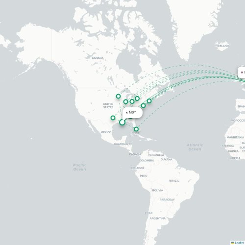 Mapa de vuelo directo Nueva Orleans - Londres