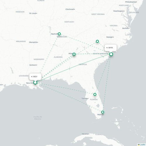Mapa de vuelo directo Nueva Orleans - Myrtle Beach