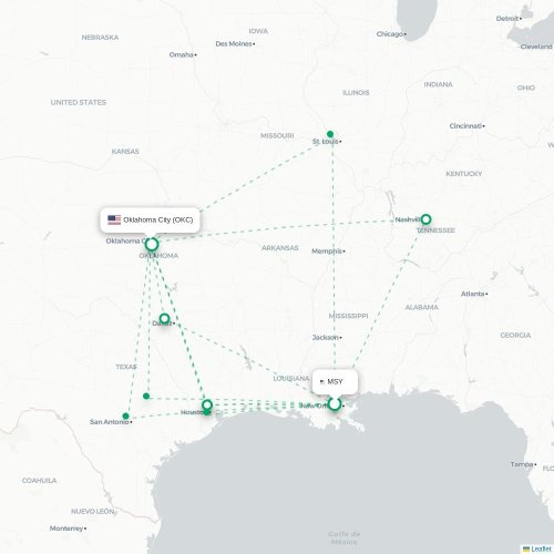 Mapa de vuelo directo Nueva Orleans - Oklahoma City