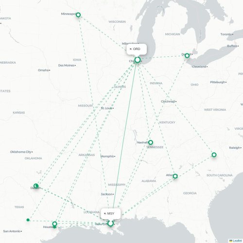 Mapa de vuelo directo Nueva Orleans - Chicago