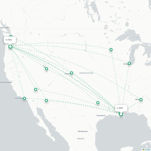 Mapa de vuelo directo Nueva Orleans - Portland
