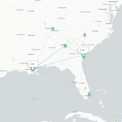 Mapa lotu bezpośredniego Nowy Orlean – Savannah