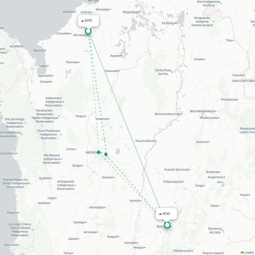 Mapa de vuelo directo Montería - Bogotá