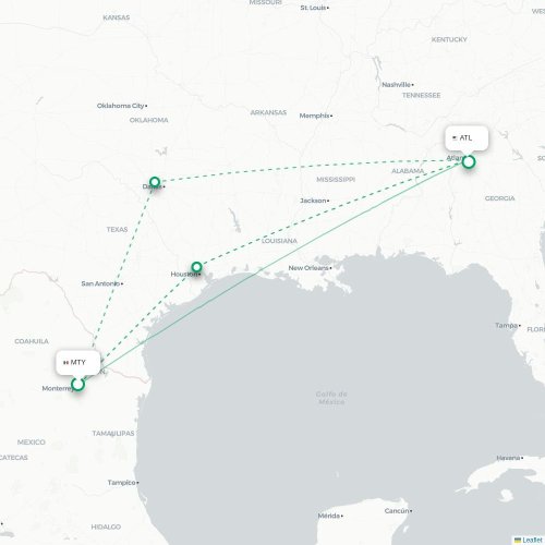 Monterrey - Atlanta karta över direktflyg