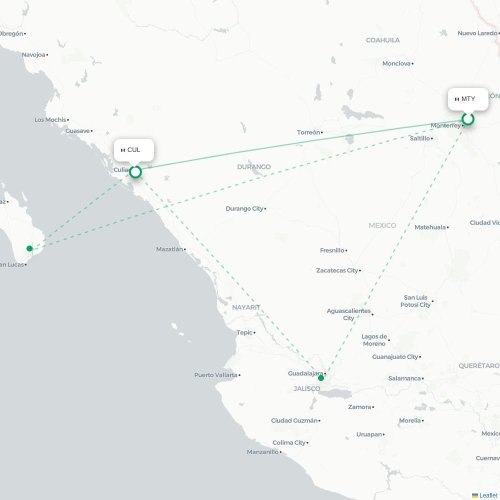 Mapa lotu bezpośredniego Monterrey – Culiacán