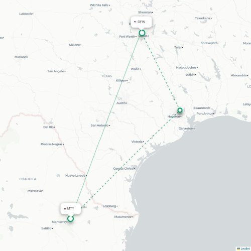 Monterrey - Dallas karta över direktflyg