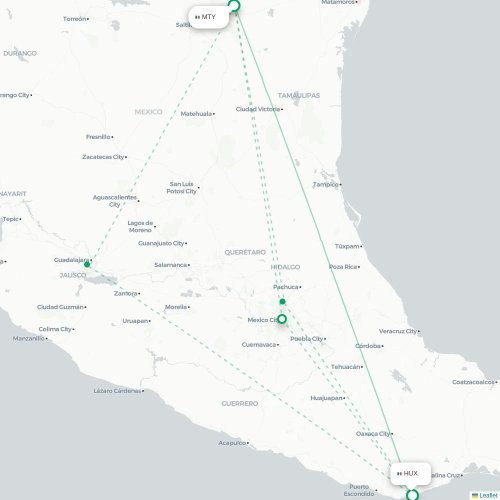 Mapa de vuelo directo Monterrey - Santa María Huatulco