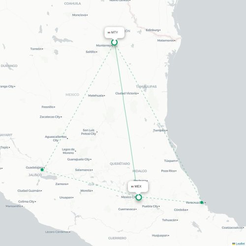 Mapa lotu bezpośredniego Monterrey – Meksyk