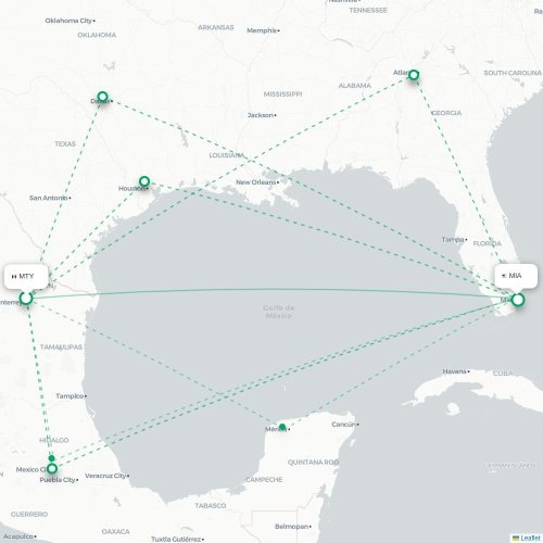 Monterrey - Miami kaart van rechtstreekse vlucht