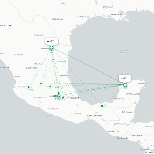 Monterrey - Mérida kort over direkte fly