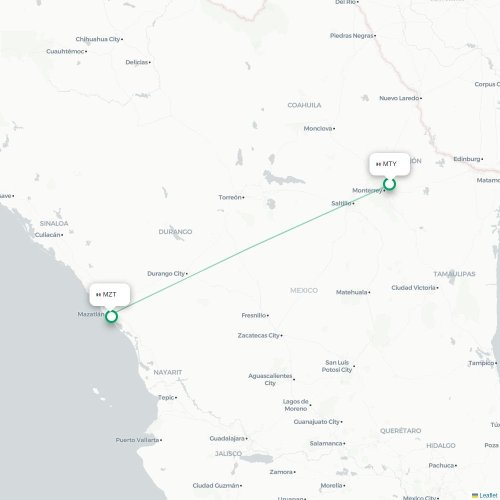 Mapa lotu bezpośredniego Monterrey – Mazatlán