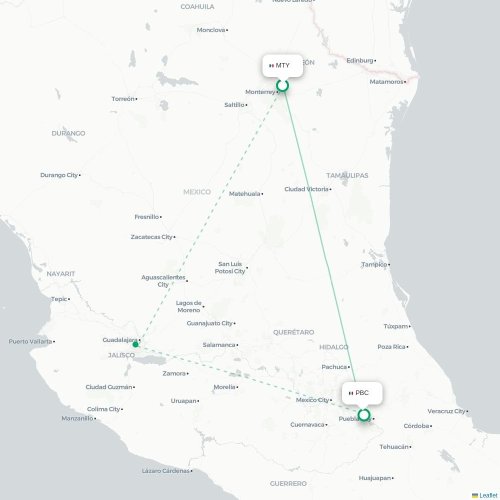 Mapa de vuelo directo Monterrey - Puebla de Zaragoza