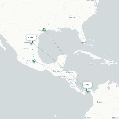 Mapa de vuelo directo Monterrey - Ciudad de Panamá