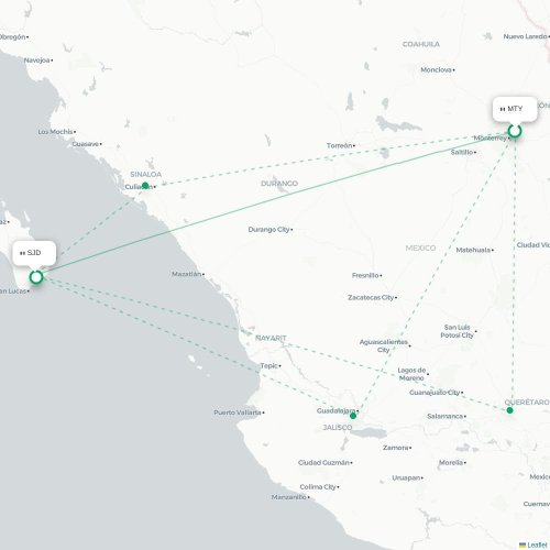 Mapa de vuelo directo Monterrey - San José del Cabo