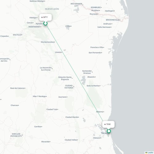 Monterrey - Tampico kaart van rechtstreekse vlucht