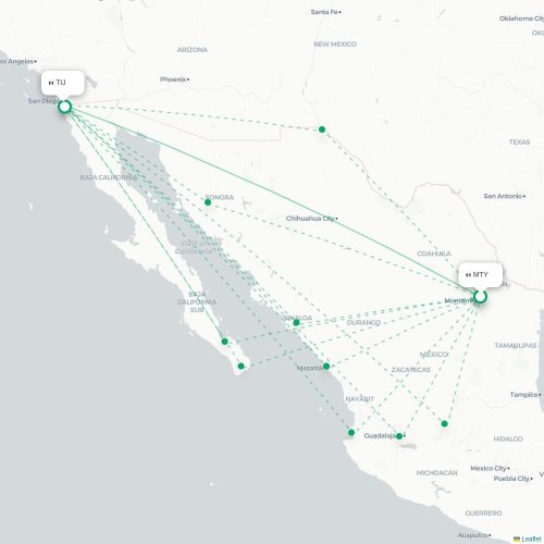 Mapa lotu bezpośredniego Monterrey – Tijuana