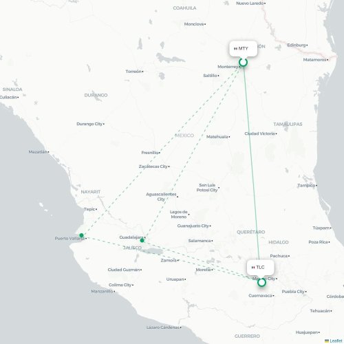 Mapa de vuelo directo Monterrey - Ciudad de México, D.F.