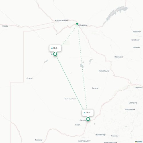 Mapa lotu bezpośredniego Maun – Gaborone
