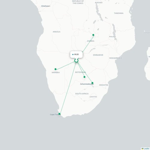 Mapa lotu bezpośredniego Maun – Ndola