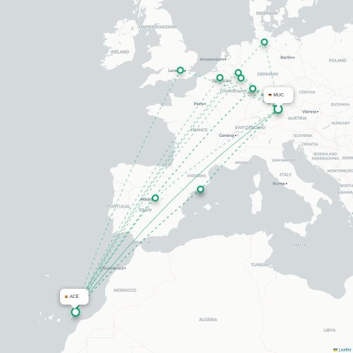 Mapa de vuelo directo Múnich - Arrecife
