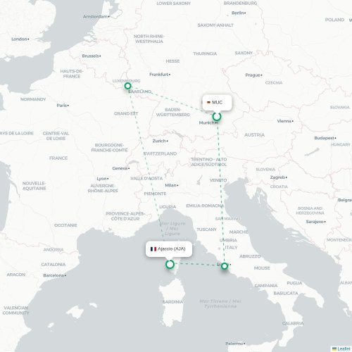 Mapa de vuelo directo Múnich - Ajaccio
