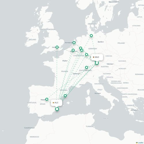 Mapa de vuelo directo Múnich - Alicante