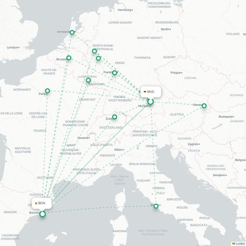 Mapa de vuelo directo Múnich - Barcelona