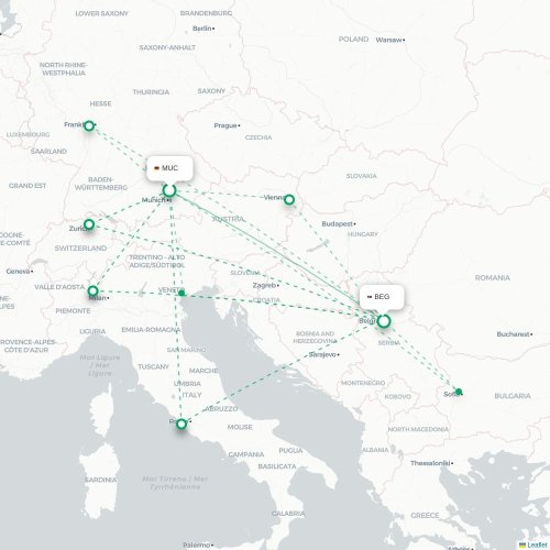 Mapa de vuelo directo Múnich - Belgrado