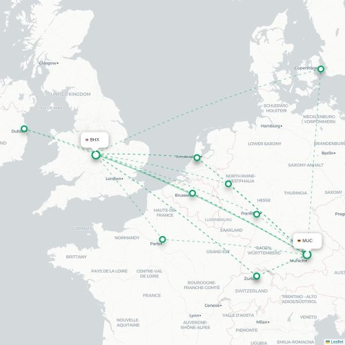 Mapa de vuelo directo Múnich - Birmingham