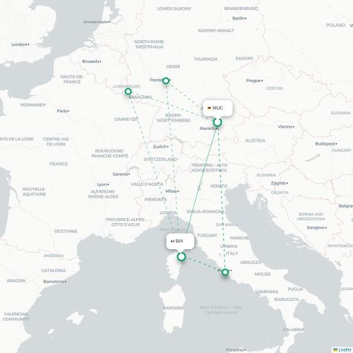 Mapa lotu bezpośredniego Monachium – Bastia