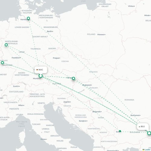 Mapa lotu bezpośredniego Monachium – Burgas